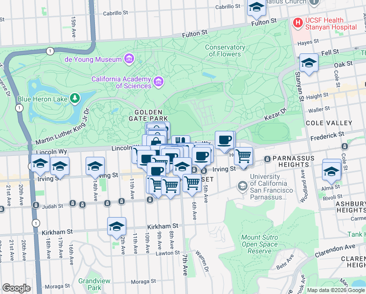 map of restaurants, bars, coffee shops, grocery stores, and more near 559 Lincoln Way in San Francisco