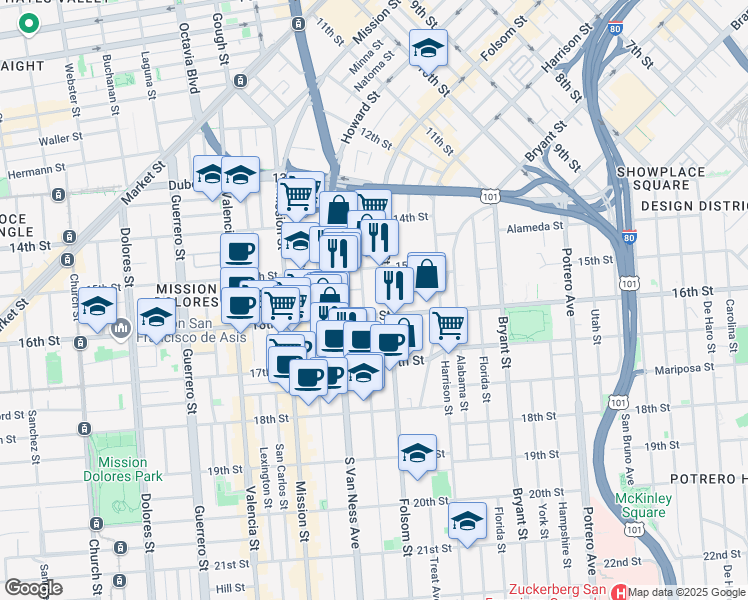 map of restaurants, bars, coffee shops, grocery stores, and more near 2860 16th Street in San Francisco