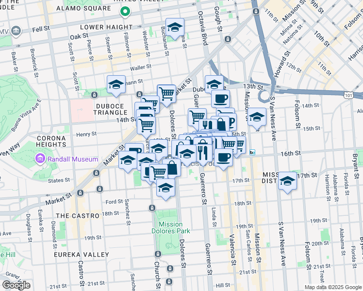 map of restaurants, bars, coffee shops, grocery stores, and more near 259 Dolores Street in San Francisco