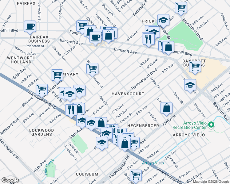 map of restaurants, bars, coffee shops, grocery stores, and more near 2251 Havenscourt Boulevard in Oakland