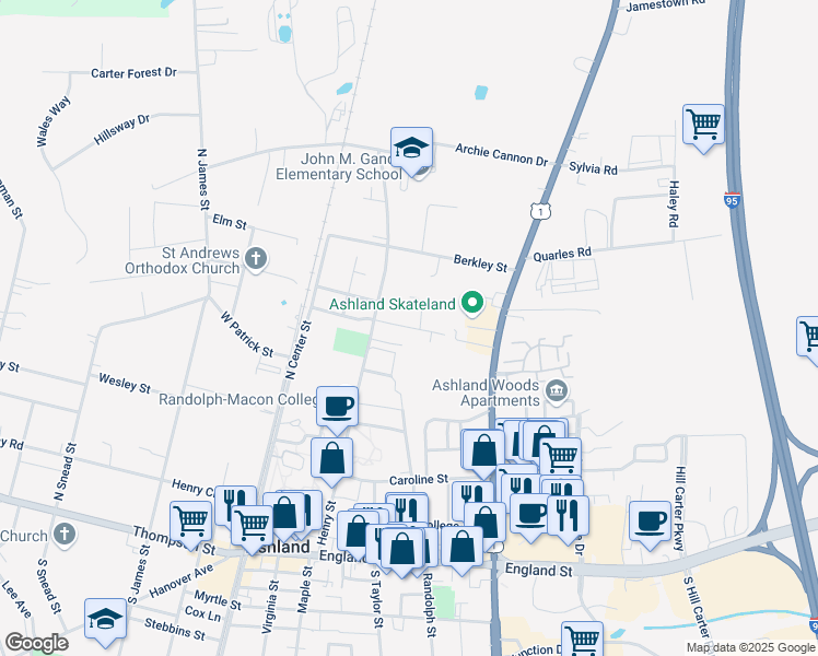 map of restaurants, bars, coffee shops, grocery stores, and more near Berkley Woods Drive in Ashland