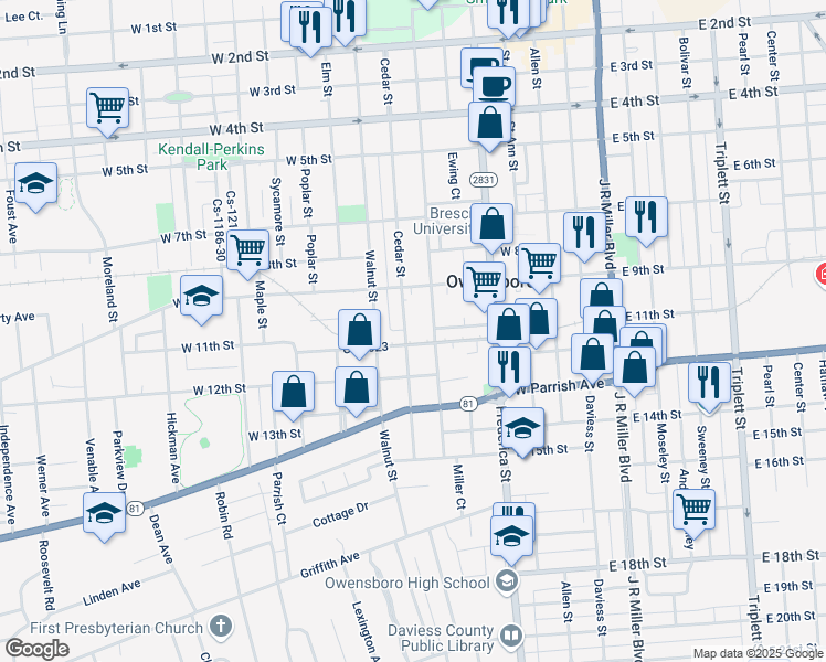 map of restaurants, bars, coffee shops, grocery stores, and more near 525 W 11th St in Owensboro
