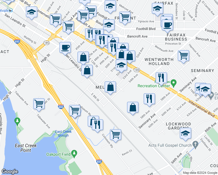 map of restaurants, bars, coffee shops, grocery stores, and more near 5212 East 10th Street in Oakland