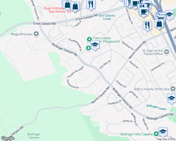 map of restaurants, bars, coffee shops, grocery stores, and more near 970 Maricaibo Place in San Ramon