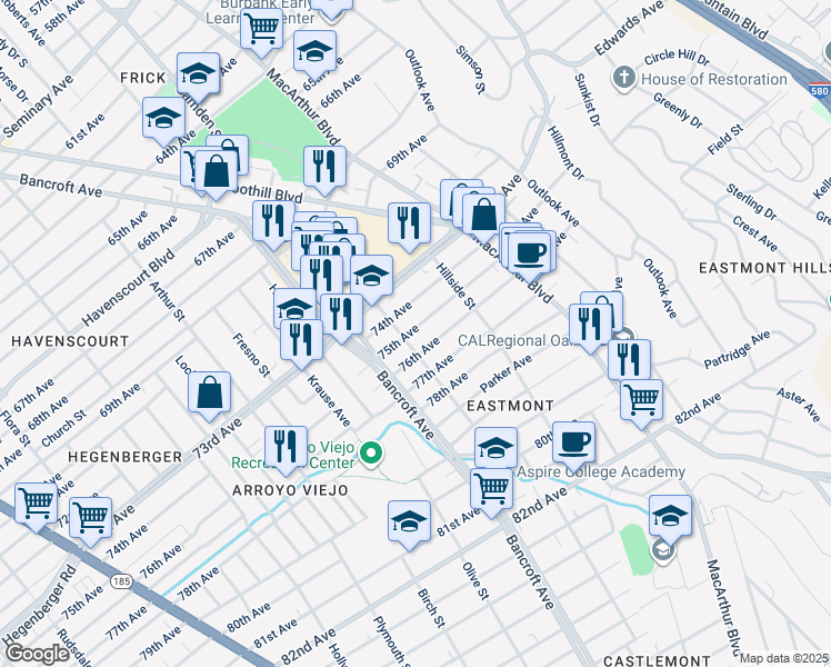 map of restaurants, bars, coffee shops, grocery stores, and more near 2612 75th Avenue in Oakland
