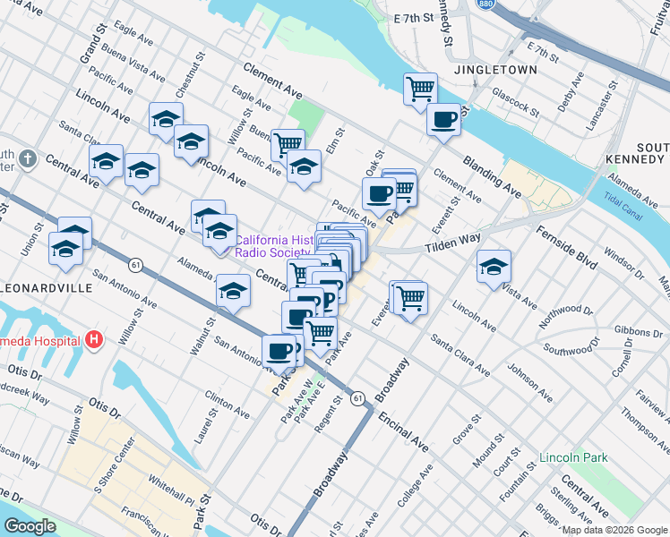 map of restaurants, bars, coffee shops, grocery stores, and more near 2315 Santa Clara Avenue in Alameda