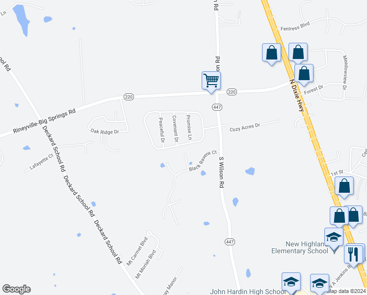 map of restaurants, bars, coffee shops, grocery stores, and more near 320 Emmaus Circle in Elizabethtown