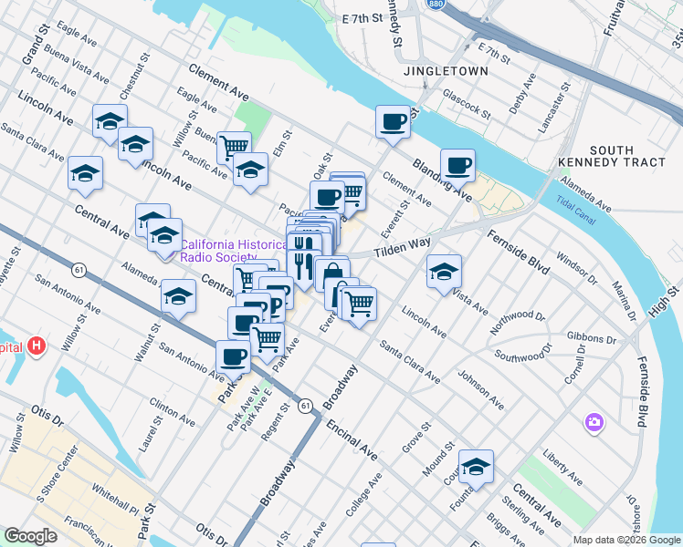 map of restaurants, bars, coffee shops, grocery stores, and more near 2426 Lincoln Avenue in Alameda