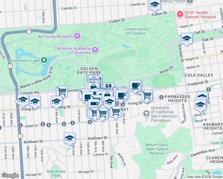 map of restaurants, bars, coffee shops, grocery stores, and more near 1221 7th Avenue in San Francisco