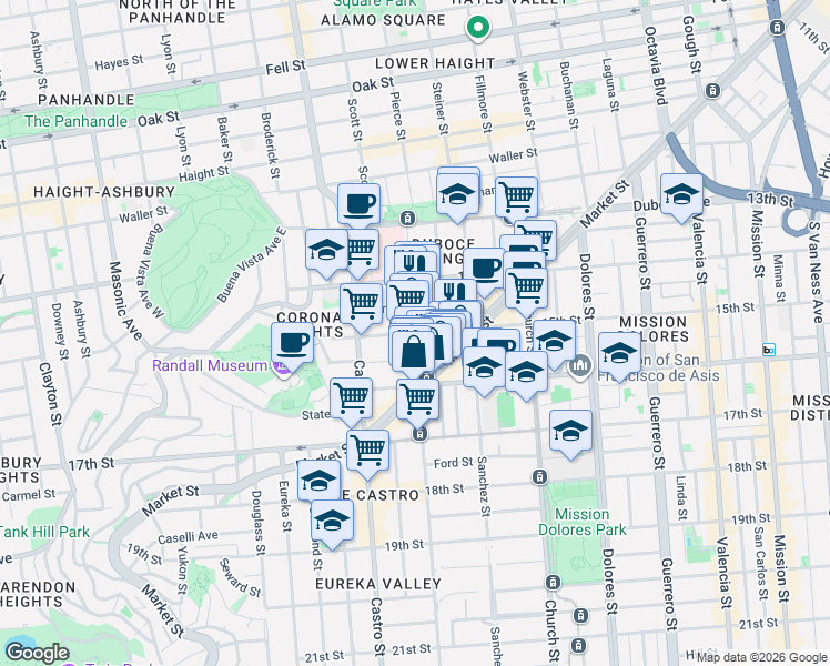 map of restaurants, bars, coffee shops, grocery stores, and more near 15th Street in San Francisco