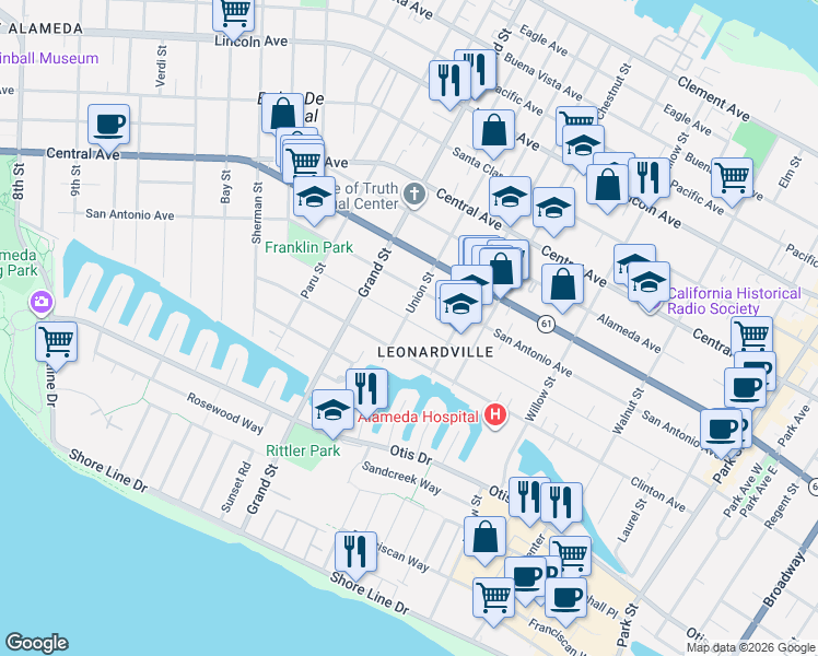 map of restaurants, bars, coffee shops, grocery stores, and more near 1804 San Jose Avenue in Alameda