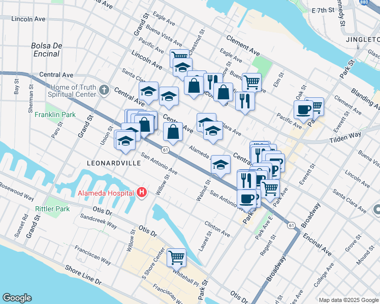 map of restaurants, bars, coffee shops, grocery stores, and more near 2118 Alameda Avenue in Alameda