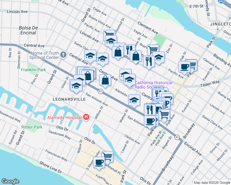 map of restaurants, bars, coffee shops, grocery stores, and more near 2118 Alameda Avenue in Alameda