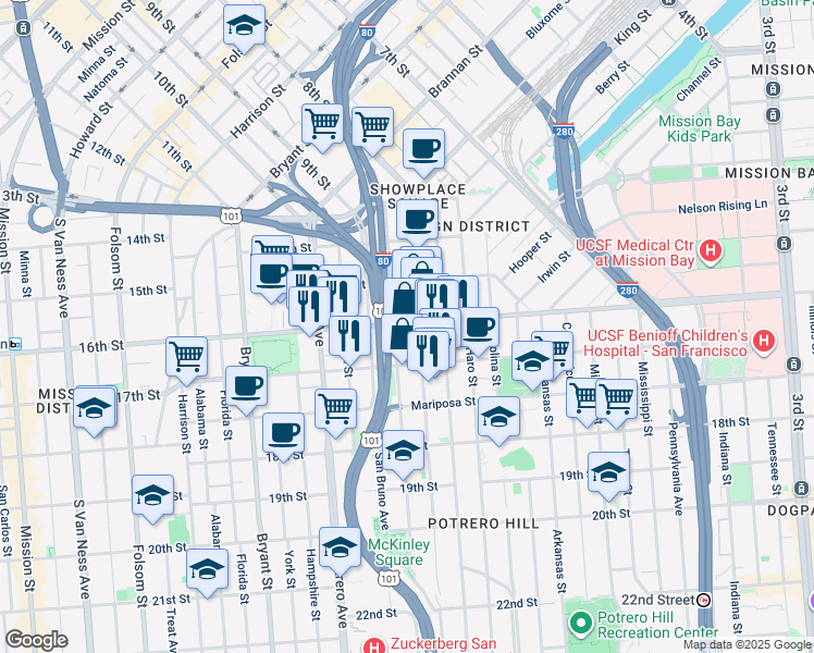 map of restaurants, bars, coffee shops, grocery stores, and more near 300 Kansas Street in San Francisco