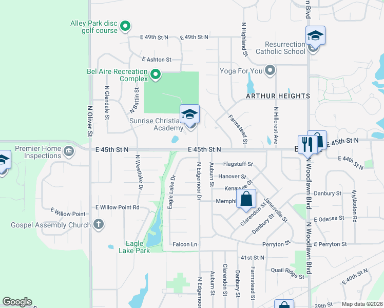 map of restaurants, bars, coffee shops, grocery stores, and more near 4570 Eagle Lake Drive in Bel Aire