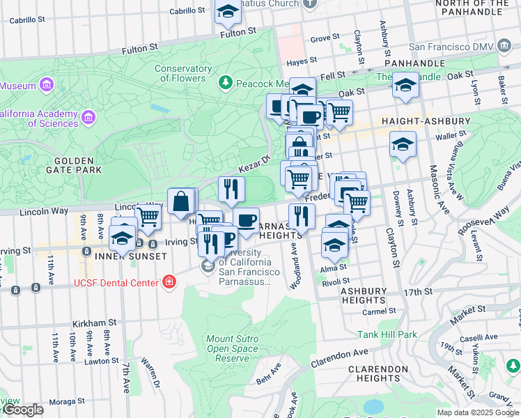 map of restaurants, bars, coffee shops, grocery stores, and more near 639 Frederick Street in San Francisco