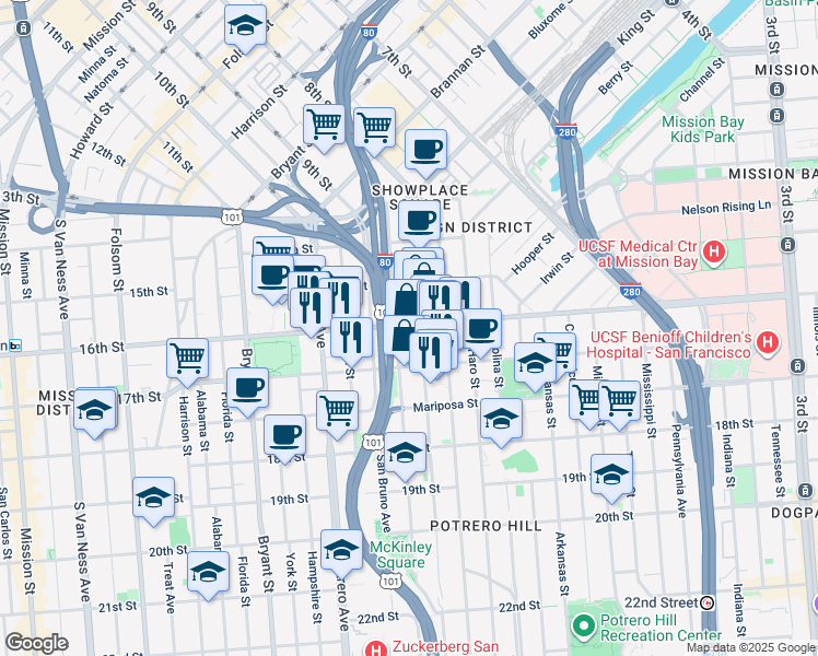 map of restaurants, bars, coffee shops, grocery stores, and more near 300 Kansas Street in San Francisco