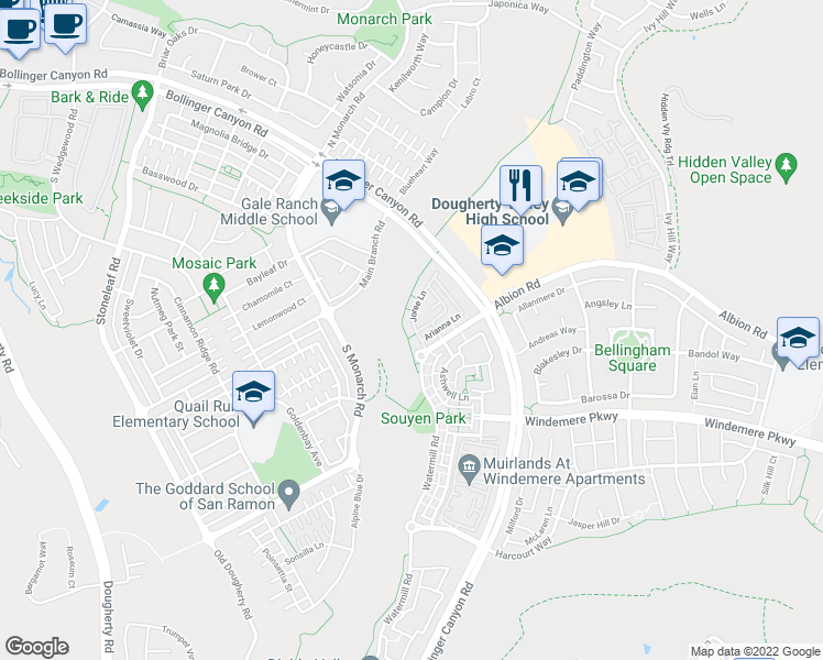 map of restaurants, bars, coffee shops, grocery stores, and more near 312 Joree Lane in San Ramon