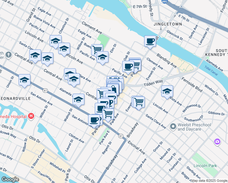 map of restaurants, bars, coffee shops, grocery stores, and more near 2318 Santa Clara Avenue in Alameda