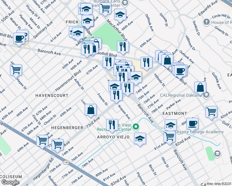 map of restaurants, bars, coffee shops, grocery stores, and more near 2381 73rd Avenue in Oakland