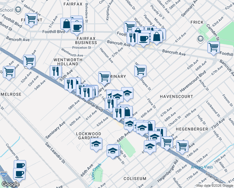 map of restaurants, bars, coffee shops, grocery stores, and more near 6124 East 17th Street in Oakland