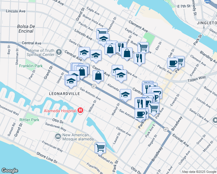 map of restaurants, bars, coffee shops, grocery stores, and more near 2121 Encinal Avenue in Alameda