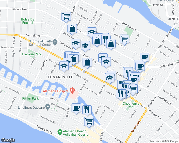map of restaurants, bars, coffee shops, grocery stores, and more near 2064 Encinal Avenue in Alameda