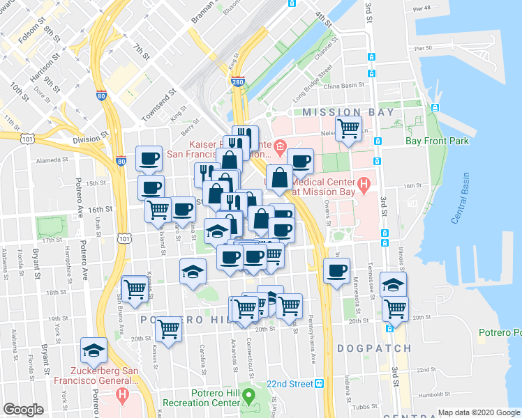 map of restaurants, bars, coffee shops, grocery stores, and more near 1300 17th Street in San Francisco