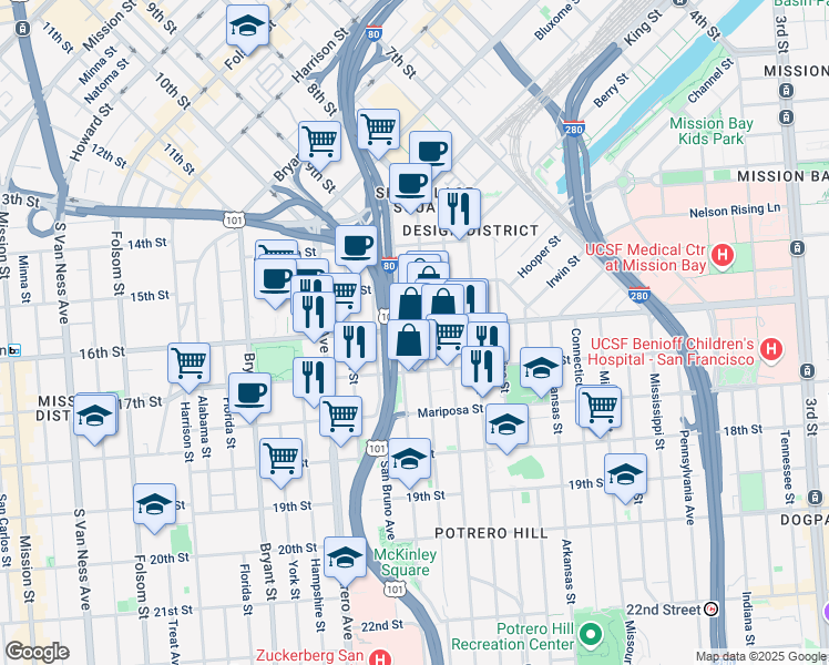 map of restaurants, bars, coffee shops, grocery stores, and more near 325 Vermont Street in San Francisco