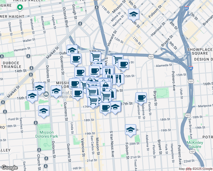map of restaurants, bars, coffee shops, grocery stores, and more near 25 Adair Street in San Francisco