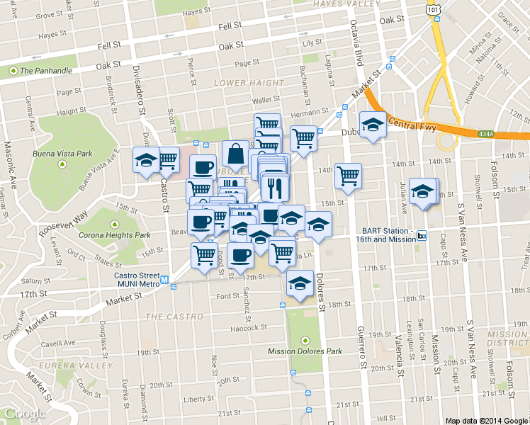 map of restaurants, bars, coffee shops, grocery stores, and more near 30 Sharon Street in San Francisco