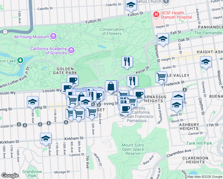 map of restaurants, bars, coffee shops, grocery stores, and more near 1242 3rd Avenue in San Francisco