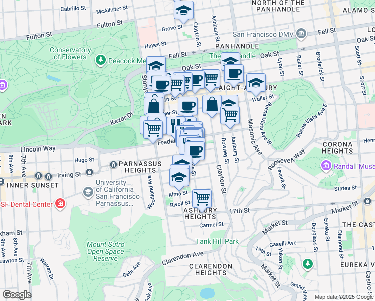 map of restaurants, bars, coffee shops, grocery stores, and more near 104 Carl Street in San Francisco
