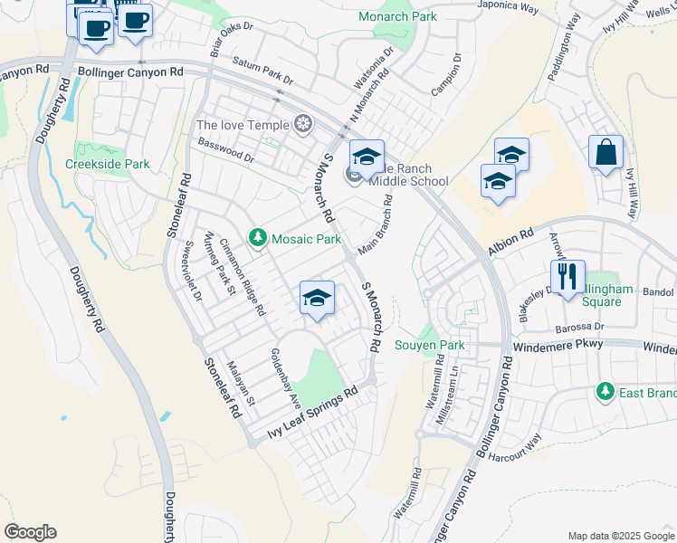 map of restaurants, bars, coffee shops, grocery stores, and more near 6260 Main Branch Road in San Ramon