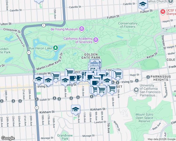 map of restaurants, bars, coffee shops, grocery stores, and more near Lincoln Way & 10th Ave in San Francisco