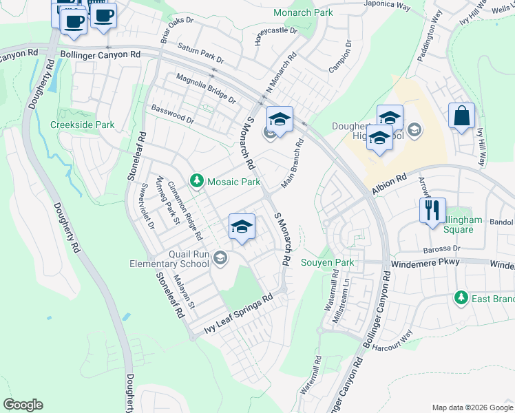 map of restaurants, bars, coffee shops, grocery stores, and more near 3045 Blackberry Avenue in San Ramon