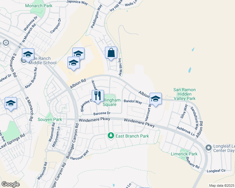 map of restaurants, bars, coffee shops, grocery stores, and more near 1262 Bellingham Square in San Ramon
