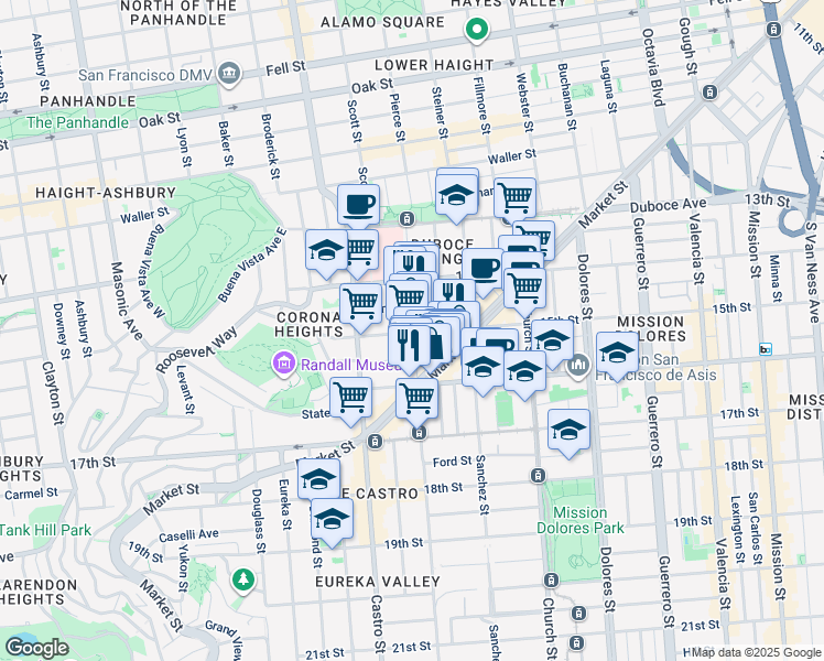 map of restaurants, bars, coffee shops, grocery stores, and more near 198 Noe Street in San Francisco