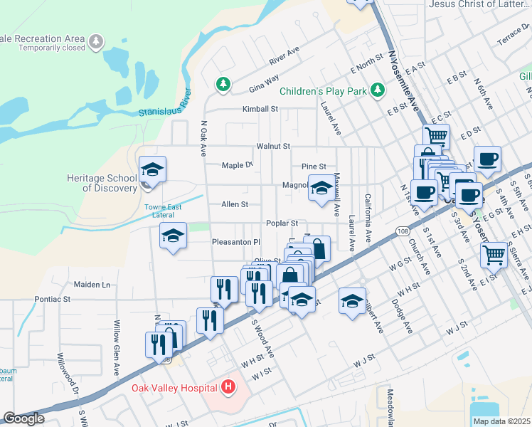 map of restaurants, bars, coffee shops, grocery stores, and more near 223 Warrington Avenue in Oakdale