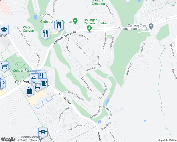 map of restaurants, bars, coffee shops, grocery stores, and more near 120 Cortona Drive in San Ramon