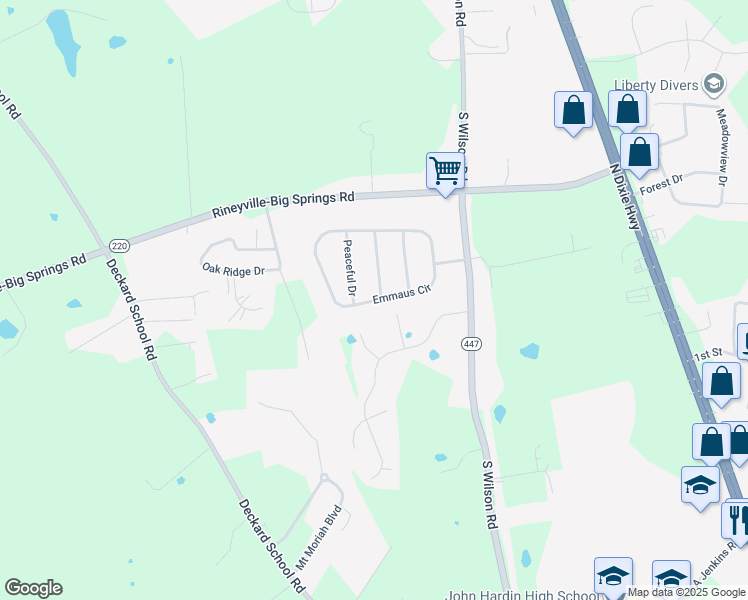 map of restaurants, bars, coffee shops, grocery stores, and more near 247 Emmaus Circle in Elizabethtown