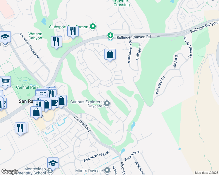 map of restaurants, bars, coffee shops, grocery stores, and more near 120 Cortona Drive in San Ramon