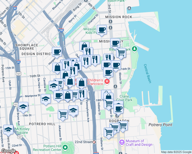 map of restaurants, bars, coffee shops, grocery stores, and more near 1835 Owens Street in San Francisco
