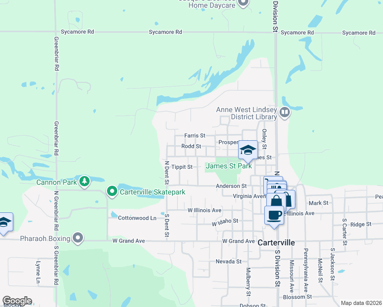 map of restaurants, bars, coffee shops, grocery stores, and more near 903 James Street in Carterville