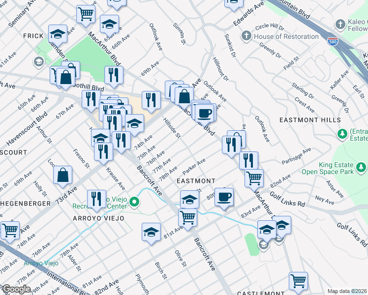 map of restaurants, bars, coffee shops, grocery stores, and more near 2697 77th Avenue in Oakland