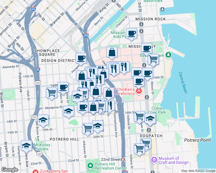 map of restaurants, bars, coffee shops, grocery stores, and more near 98 Pennsylvania Avenue in San Francisco