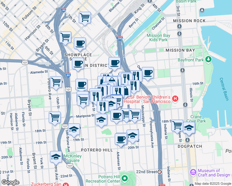 map of restaurants, bars, coffee shops, grocery stores, and more near 75 Arkansas Street in San Francisco