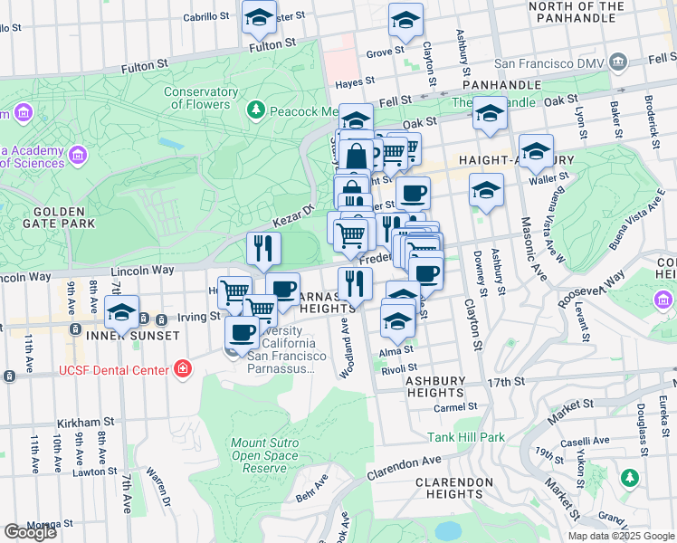 map of restaurants, bars, coffee shops, grocery stores, and more near 553 Frederick Street in San Francisco