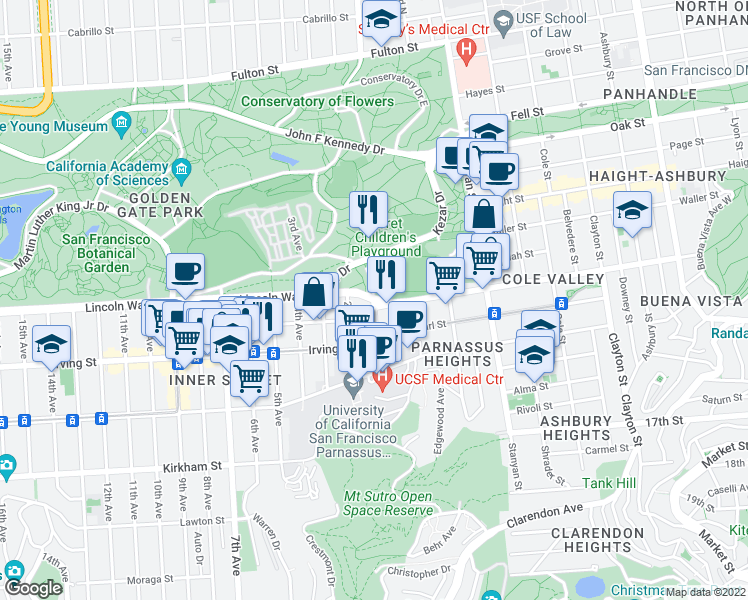 map of restaurants, bars, coffee shops, grocery stores, and more near Arguello Blvd & Frederick St in San Francisco