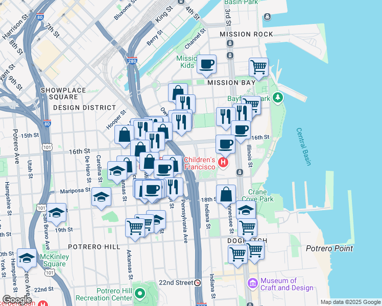 map of restaurants, bars, coffee shops, grocery stores, and more near 310-496 John F. Foran Fwy in San Francisco